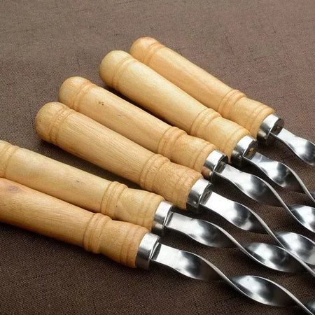 Espetos de churrasco de aço inoxidável alça longa 55cm alça de churrasco de madeira grande vara plana ao ar livre piquenique ferramentas de churrasco