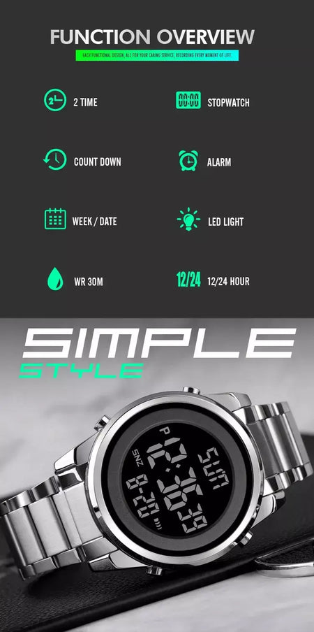 Skmei relógio de pulso masculino luxuoso, à prova d'água, aço inoxidável, eletrônico, esportivo, digital, 1611
