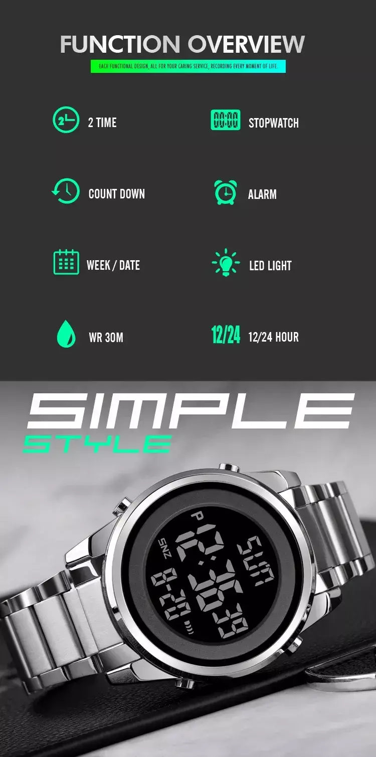 Skmei relógio de pulso masculino luxuoso, à prova d'água, aço inoxidável, eletrônico, esportivo, digital, 1611