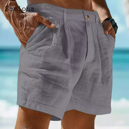 Calção de bolso de carrinho vintage masculino, linho algodão, estilo europeu, calça curta casual para praia, branco sólido, botão cáqui, calça voador, 2022