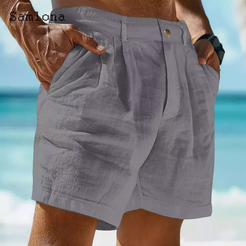 Calção de bolso de carrinho vintage masculino, linho algodão, estilo europeu, calça curta casual para praia, branco sólido, botão cáqui, calça voador, 2022