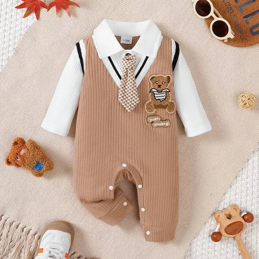 Bebê menino pequeno cavalheiro macacão dos desenhos animados urso de pelúcia mangas compridas macacão para 0-18 meses trajes de festa de aniversário do bebê meninos