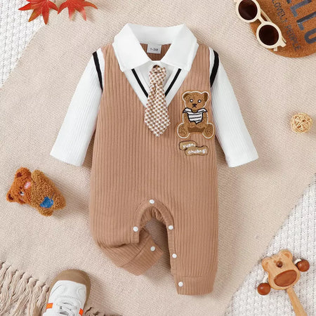Bebê menino pequeno cavalheiro macacão dos desenhos animados urso de pelúcia mangas compridas macacão para 0-18 meses trajes de festa de aniversário do bebê meninos
