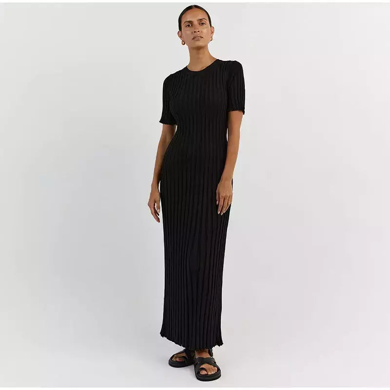Vestido longo de malha monocromática feminino, manga curta, vestido feminino plissado, gola em O, quadril, primavera, moda verão, feminino, 2022