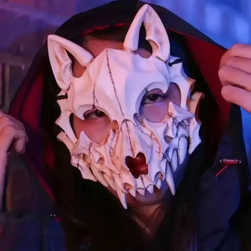 Festa crânio máscara dentes longos demônio esqueleto meia máscara facial lobo dragão tigre houjuu nue máscara cosplay traje de halloween adereços