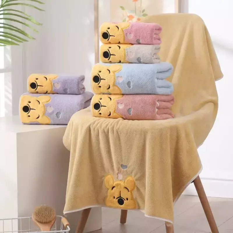 Winnie Bear Bath Towel Set para Crianças, Macio e Absorvente, Coral Velvet, Home Wash, Desenhos animados