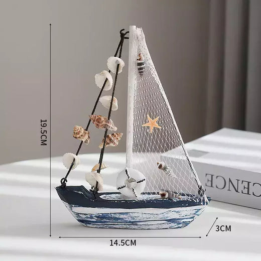 Modelo de barco a vela de madeira estilo mediterrâneo, artesanato ornamentos, acessórios de decoração para casa, decoração da sala, presentes 19cm