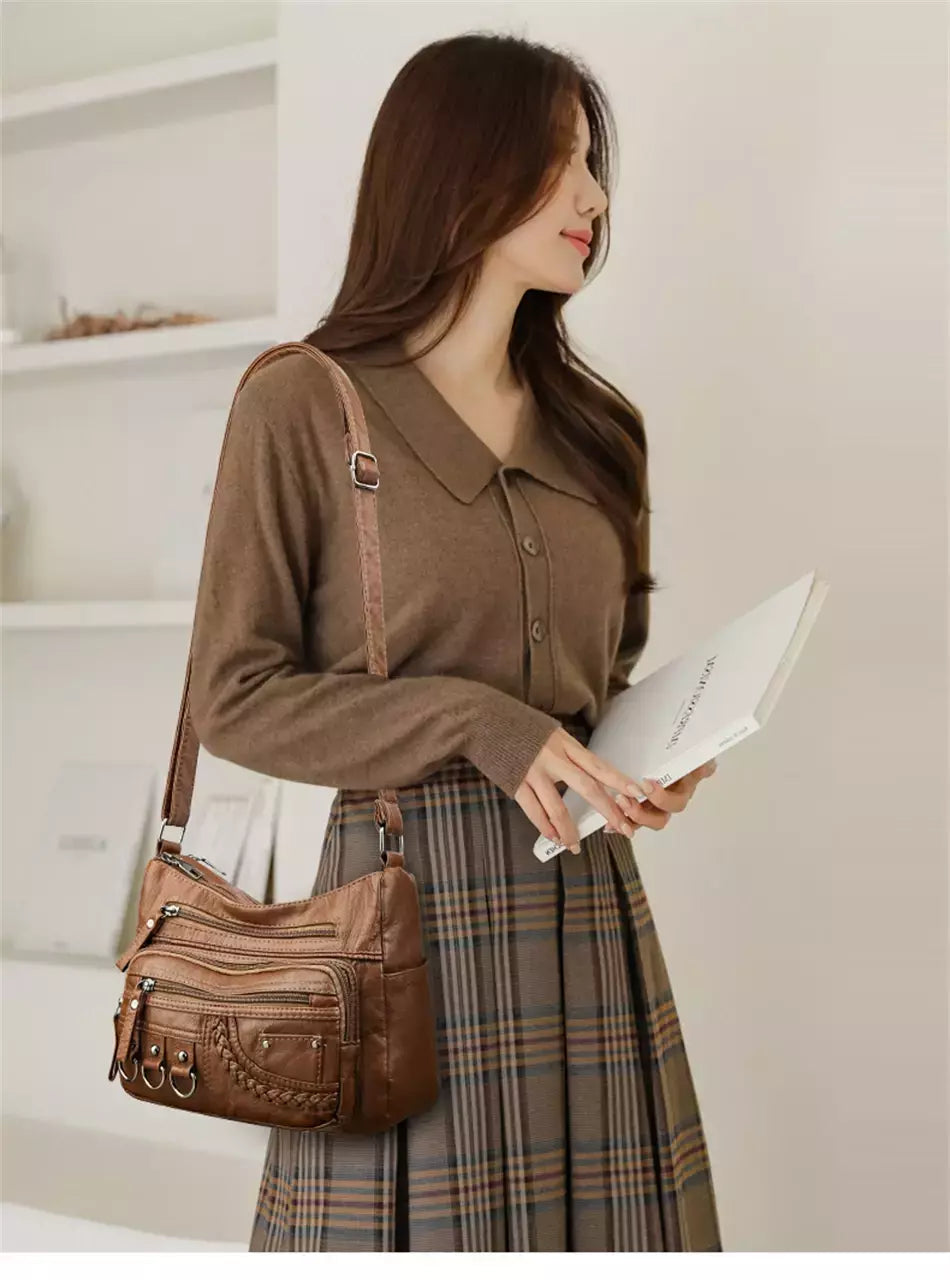 Bolsa de bolso multi couro PU vintage feminina, bolsas de ombro transversais femininas, bolsas de design de luxo, alta qualidade, 2023