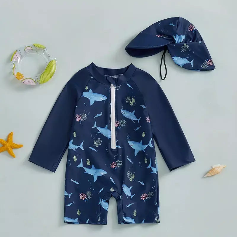 Maiô infantil de 0 a 5 anos, roupa de banho com estampa de tubarão, manga longa, meio zíper, com chapéu de sol, 2 peças, roupa de banho para crianças pequenas