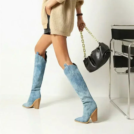 Denim ocidental mulheres joelho coxa botas altas novo 2024 outono inverno salto alto cowboy botas longas tamanho 43 deslizamento em sapatos femininos