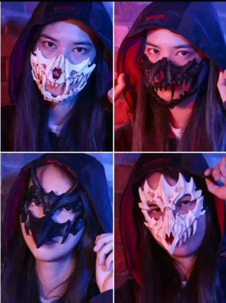Festa crânio máscara dentes longos demônio esqueleto meia máscara facial lobo dragão tigre houjuu nue máscara cosplay traje de halloween adereços