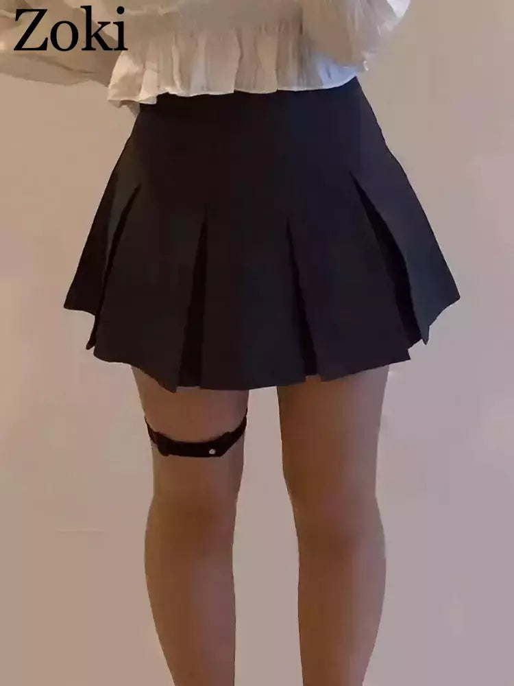 ZOKI-Mini saia plissada cinza vintage feminina, saias de cintura alta, moda coreana, uniforme escolar, streetwear de Harajuku, Kawaii, primavera