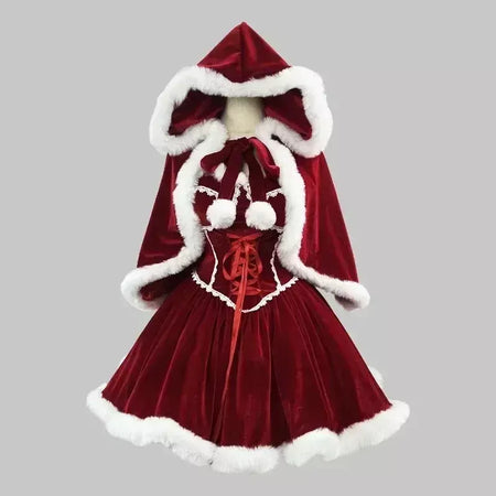 Ano novo vestido vermelho manto cosplay plus size roupas de natal capa feminina role play outfit conjunto completo quente traje de férias meninas