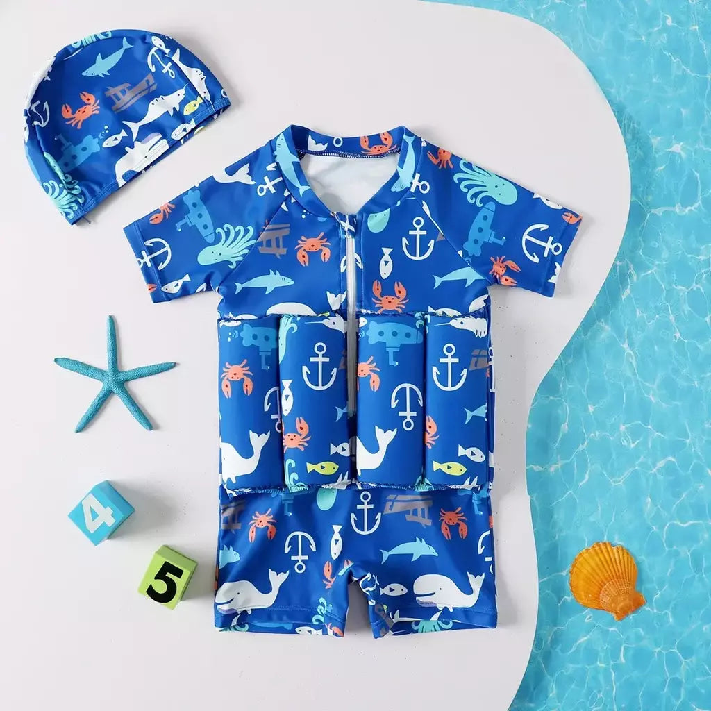 Maiô flutuante para crianças, roupa de banho de uma peça para crianças, flutuante, proteção contra queimaduras, estampa de desenho animado, meninas, meninos, roupas de natação