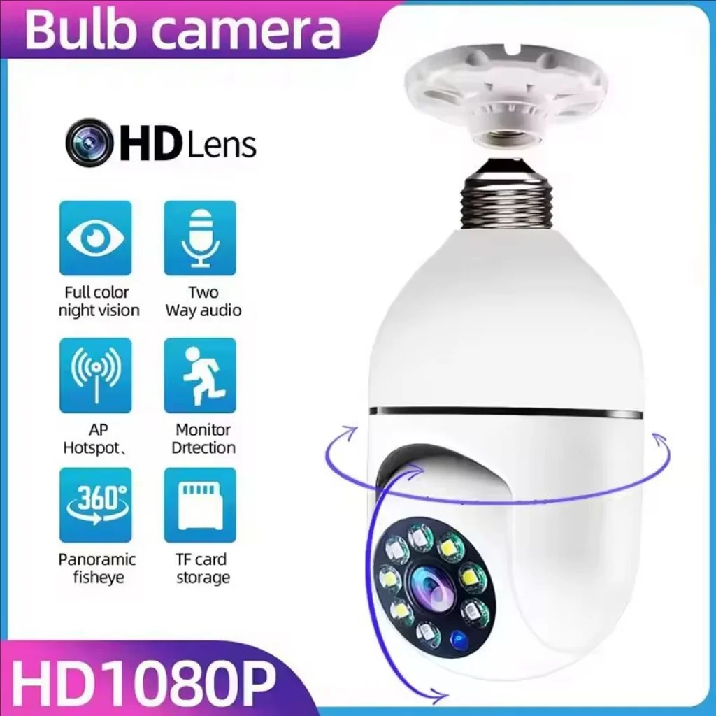 E27 lâmpada de vigilância ao ar livre câmera segurança automática visão noturna cor indoor detecção movimento foco zoom câmera wi-fi