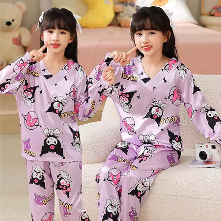 Ice Silk infantil Conjunto de Pijamas de manga curta, Pijamas gola V, Anime Sanrio Kuromi Minha melodia Desenhos animados, Cinnamoroll Menina, Cinnamoroll