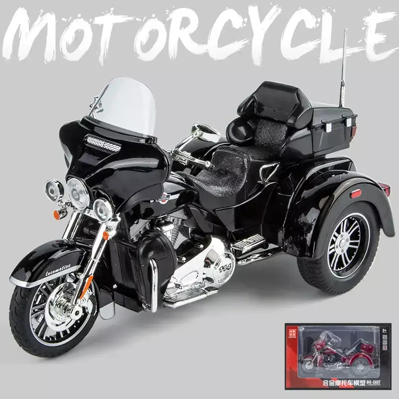 CVO-Tri Glide Alloy Motorcycle Model for Kids, Três Rodas, Cruzeiro, Viagem, Diecast, Lazer na Rua, Luz Sonora, Presente, 1:9