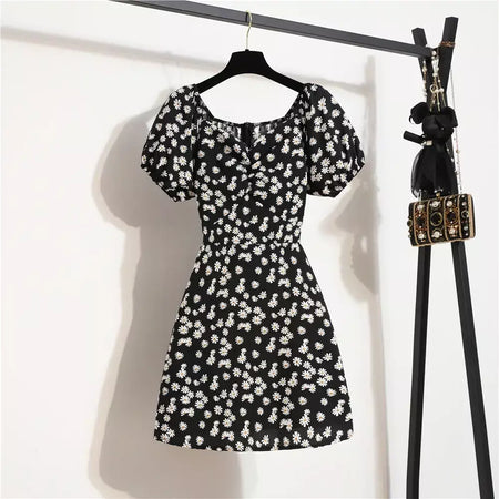 Mulheres mini vestidos de verão moda feminina vestidos impressão floral chiffon vestidos shirring plissado manga curta inchado vestido casual
