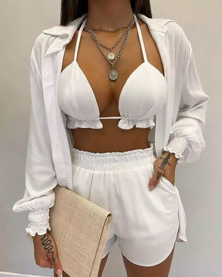 Fato de banho feminino de três peças, moda praia sexy, biquíni de cintura alta, maiô estampado, shorts para cobrir, moda praia de verão, novo 2024