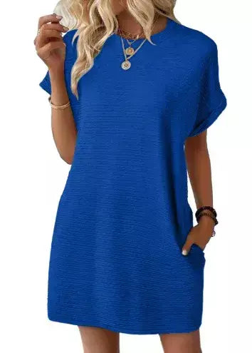 2026 robe femmes soiree manga curta em torno do pescoço mini vestido de cor sólida das mulheres bolso novo solto escritório deslocamento versátil vestido