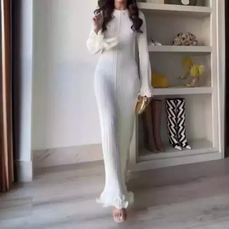 Elegante vestido de malha de manga comprida feminino, gola redonda, vestes finas brancas, vestidos de festa femininos, moda feminina, verão, outono, novo, 2022