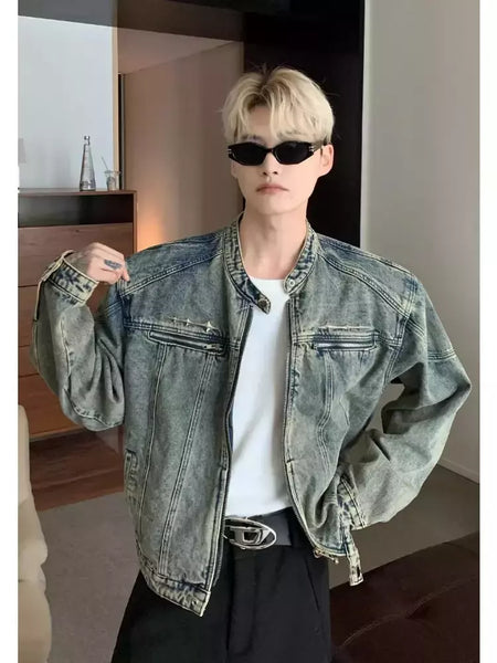 Jaqueta jeans de rua masculina, vintage lavada, jaqueta de caubói angustiada, streetwear casual, primavera, novo, estilo americano, zíperes