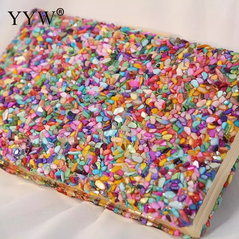 Bolsa acrílica com fecho interligado para menina, bolsa do casamento, pedra multicolorida, corrente de metal, crossbody, ombro, noite, difícil