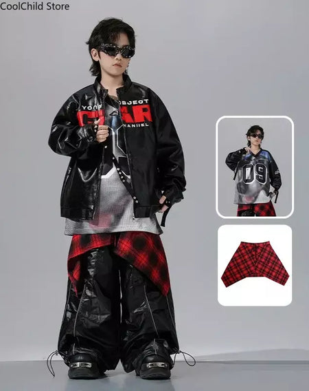 Meninos hio hop letras jaqueta de couro dança de rua calças de carga soltas meninas k-pop streetwear crianças conjunto de roupas jazz traje