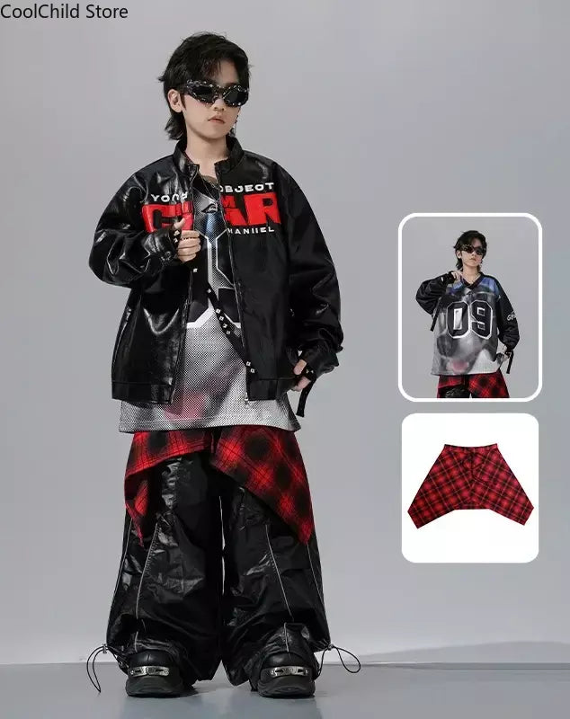 Meninos hio hop letras jaqueta de couro dança de rua calças de carga soltas meninas k-pop streetwear crianças conjunto de roupas jazz traje