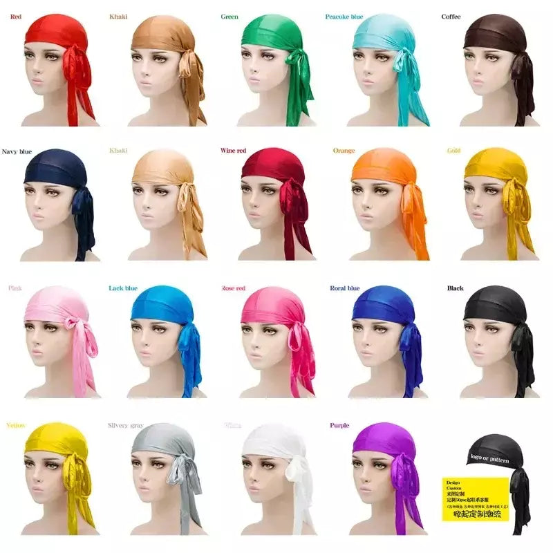 Elasticidade baotou boné faixas de cabelo simulação sedosa durag cauda longa chapéu pirata bandana turbante para crianças criança fita acessórios