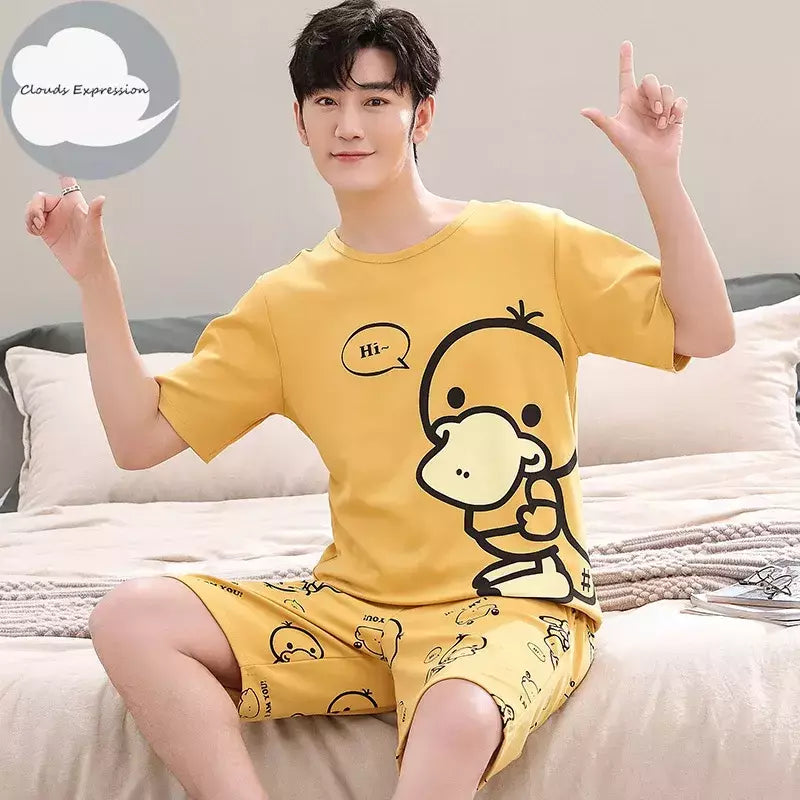 Desenhos animados pato impressão pijama conjuntos para jovens amantes, pijamas de algodão, ternos curtos para casais, moda homewear, verão, 4XL