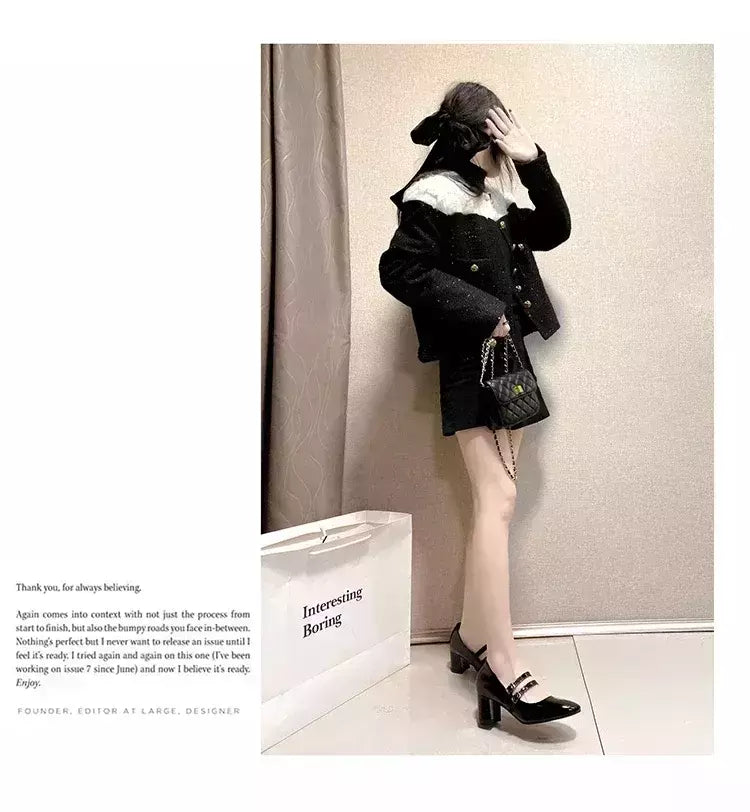 Sapatos Mary Janes de fivela dupla feminina, couro envernizado, cabeça quadrada, salto quadrado, cor sólida, primavera, outono, 2022