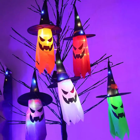 Decorações de Halloween ao ar livre 5 PCS pendurado Halloween iluminado brilhante chapéu de bruxa fantasma com luzes de corda LED para festa jardim