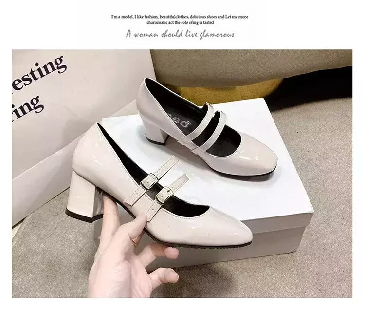 Sapatos Mary Janes de fivela dupla feminina, couro envernizado, cabeça quadrada, salto quadrado, cor sólida, primavera, outono, 2022