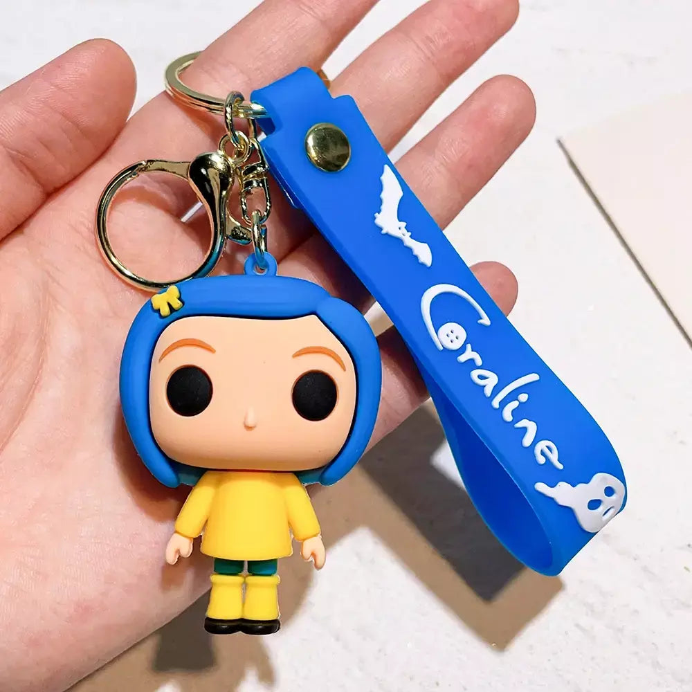 Criativo dos desenhos animados filme de ação coraline figura boneca modelo bonito boneca pvc chaveiro ornamento chaveiro pingente crianças presentes