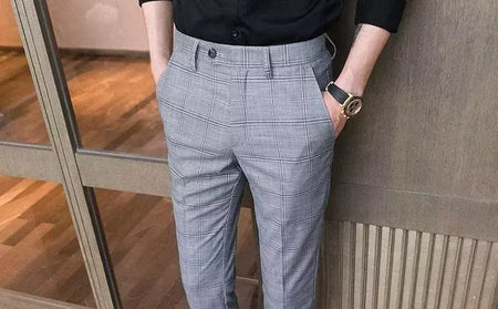 Xadrez masculino anti-rugas calças cortadas, roupas de grife casual, terno masculino reto, verão, fino, barato, designer, cheque, 9