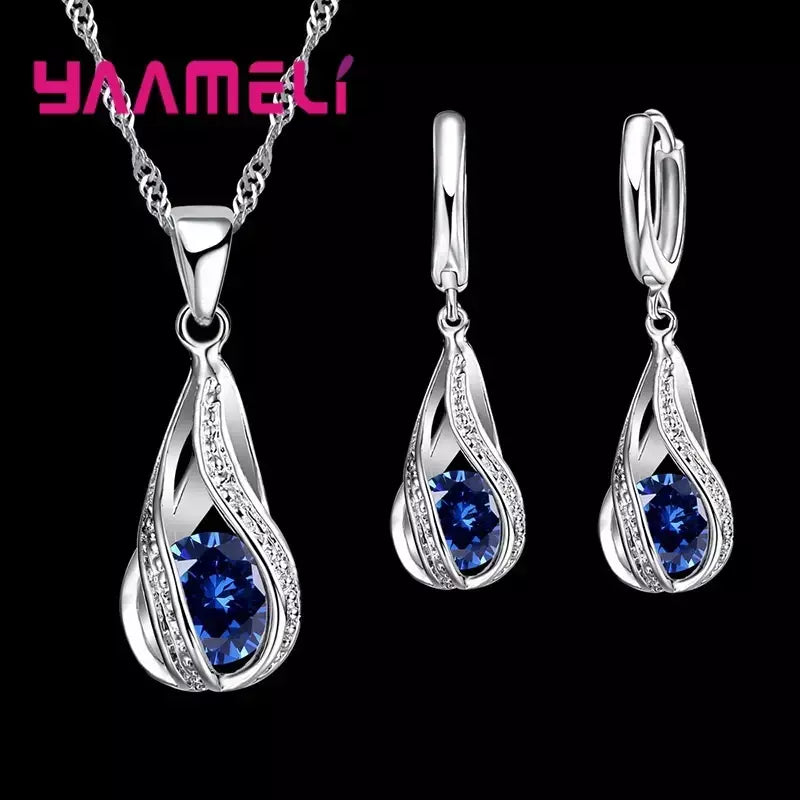 Gota de água quente cz 925 prata esterlina banhado conjunto de jóias para mulheres pingente colar brincos de argola festa de casamento ketey anel