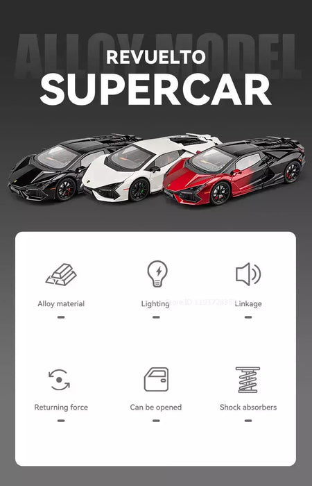 1:24 escala revuelto modelo em miniatura brinquedo carros esportivos liga diecast supercars som luz portas abertas puxar para trás para crianças presentes