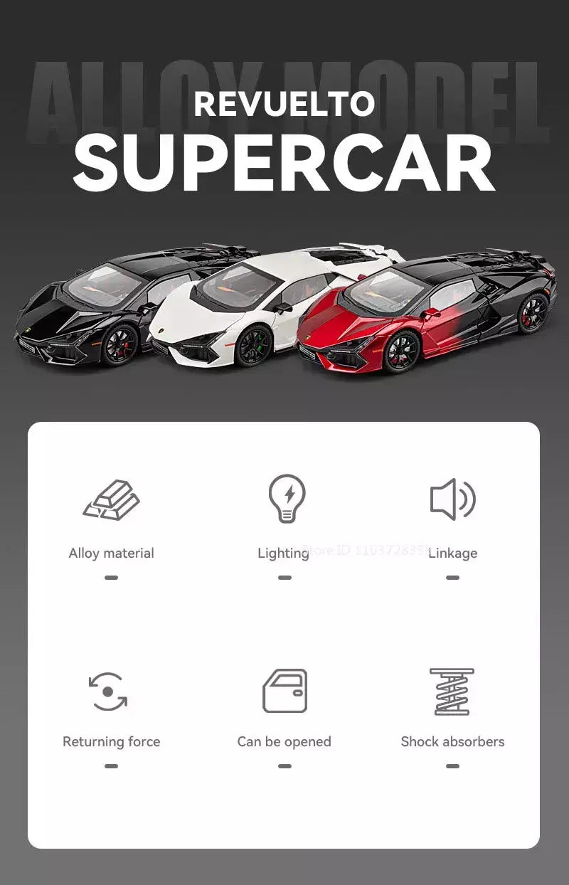 1:24 escala revuelto modelo em miniatura brinquedo carros esportivos liga diecast supercars som luz portas abertas puxar para trás para crianças presentes