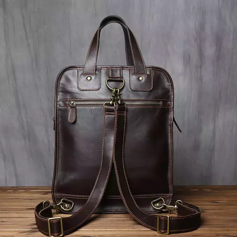 Maleta de couro retrô para homens, couro natural, bolsa vertical, bolsa de ombro casual, mochila masculina, adequada para laptop de 15 ", NZPJ
