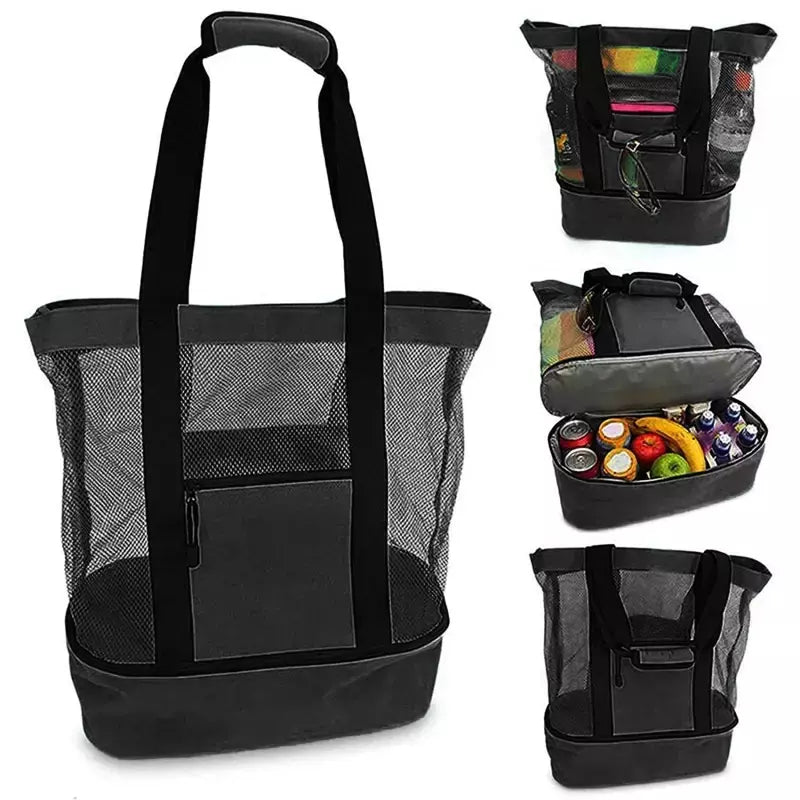 Grande bolsa de malha transparente de camada dupla para mulheres, alta capacidade, preservação de calor, piquenique, praia, bolsa, escritório, almoço, lanches, bolsa