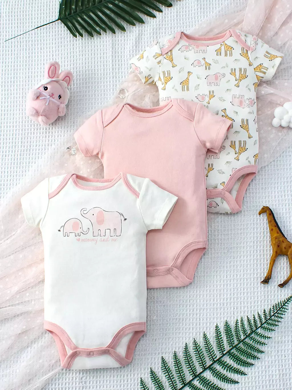 ? 3 pçs verão bebê meninas três peças bodysuit animal reino e elefante carta padrão manga curta bodysuit dia das mães gif