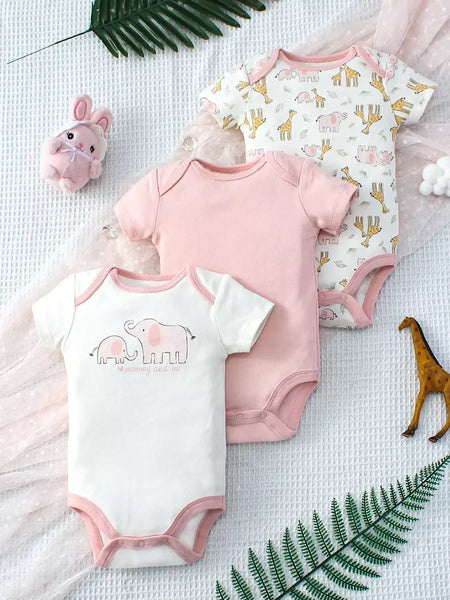 ? 3 pçs verão bebê meninas três peças bodysuit animal reino e elefante carta padrão manga curta bodysuit dia das mães gif