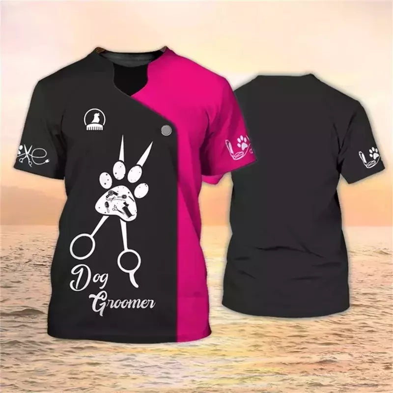 Dog Groomer's T-shirts para homens e mulheres, Pet Grooming Uniformes, Tops roupas, canino, veterinário, cabeleireiros, trabalho canino, 2024