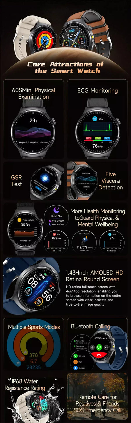 2026 novo relógio inteligente masculino feminino exame micro-físico ecg + ppg oxigênio no sangue ácido úrico pressão arterial safira smartwatch masculino
