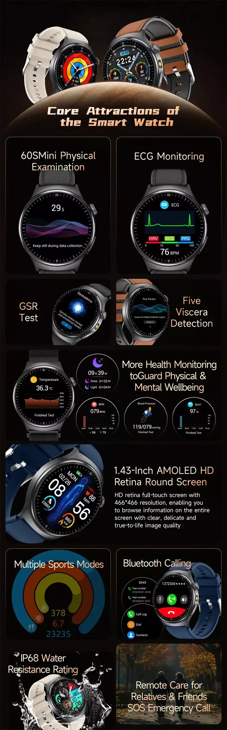 2026 novo relógio inteligente masculino feminino exame micro-físico ecg + ppg oxigênio no sangue ácido úrico pressão arterial safira smartwatch masculino