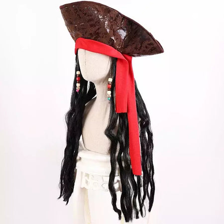 Adulto masculino caribe pirata chapéu peruca halloween palco desempenho pirata capitão traje peruca acessórios de festa jack sparrow peruca