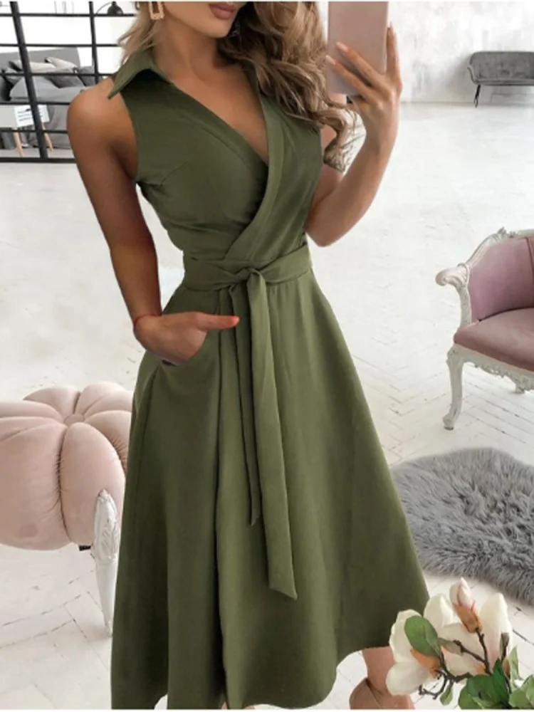 Vestido feminino com decote em V, manga curta, cor sólida, bolso, elegante, escritório, moda, estilo de viagem, vestido de verão