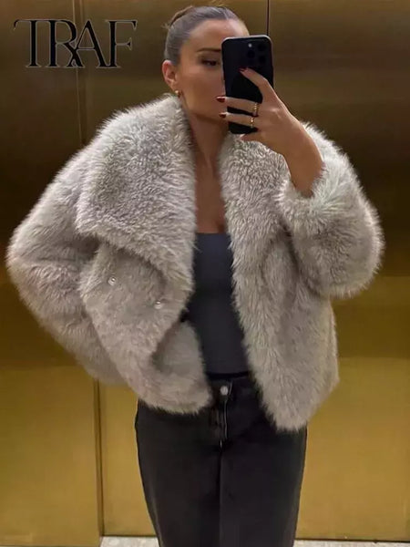 TRAF-Jaqueta feminina de tecido de lantejoulas de metal, casaco solto, gola alta, manga comprida, outerwear feminino chique, outono, inverno, 2023