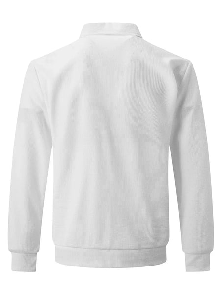 Jaqueta waffle de manga comprida masculina, monocromática, com zíper, bolso, cardigã lapela, gola polo casual, outdoor wear, primavera e outono